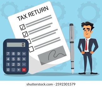 Businessman with completed tax return form, accountant filing a self assessment, taxation concept