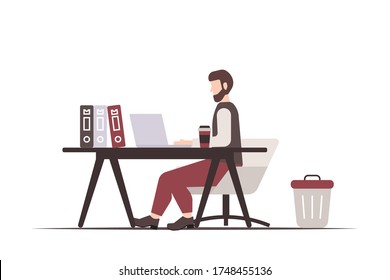 Businessman completes his work in the office.  Vector illustration isolated on white background
