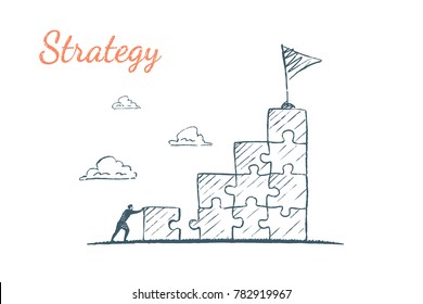 The businessman completes the ladder from the puzzles to get to the appointed place. Vector business concept illustration, hand drawn sketch. Strategy