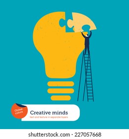 Businessman completing a bulb puzzle. Vector illustration Eps10 file. Global colors. Text and Texture in separate layers.