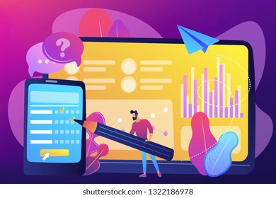 Businessman completing online survey form on smartphone screen. Online survey, internet questionnaire form, marketing research tool concept. Bright vibrant violet vector isolated illustration