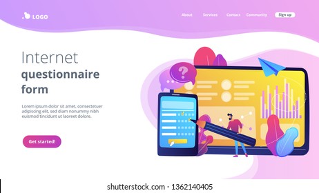 Businessman completing online survey form on smartphone screen. Online survey, internet questionnaire form, marketing research tool concept. Website vibrant violet landing web page template.