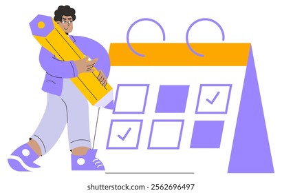 Businessman completing tasks concept. An organized professional marks off checked items on a large to-do list. Task management and productivity. Vector illustration.