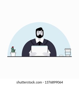 Businessman with computer, coffee cup, cactus