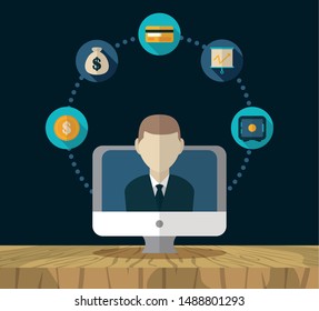 businessman computer cryptocurrency and dollar finance icons design vector illustration