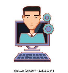 businessman with computer desktop and gears