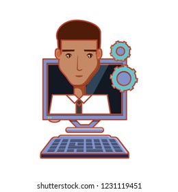 businessman with computer desktop and gears