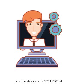 businessman with computer desktop and gears