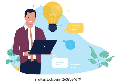Businessman with a computer getting a new idea, showcasing innovation, creative thinking, problem-solving, and digital productivity for business solutions. Flat design style vector illustration