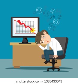 Businessman with computer with graph down on screen, illustration vector cartoon