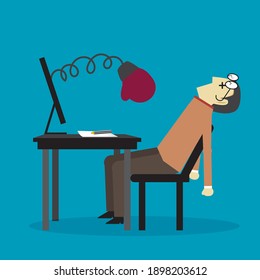 Businessman with computer hit by boxing glove. Vector design