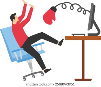 Businessman with computer hit by boxing glove. Vector design

