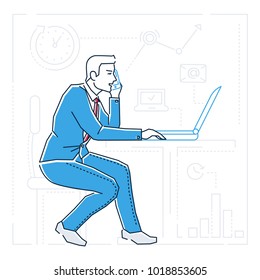 Businessman at the computer - line design style isolated illustration on white background. Metaphorical image of person having a lot to do, speaking on the phone. Multitasking, time management concept