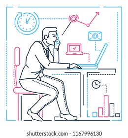 Businessman at the computer - line design style illustration on white background. Image of a male manager having a lot to do, speaking on the phone in the office. Multitasking, time management concept