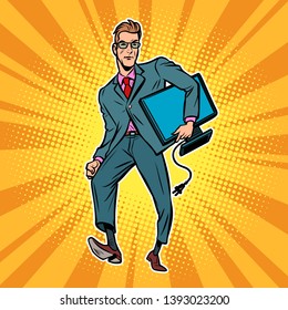 businessman with computer monitor. IT support workplace administrator. Comic cartoon pop art vector retro vintage drawing