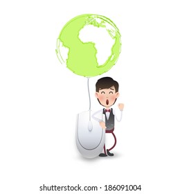 Businessman with computer mouse connected to a world icon. Vector design, 