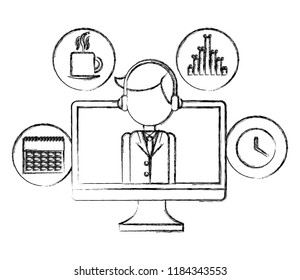 businessman in computer office clock plan coffee cup