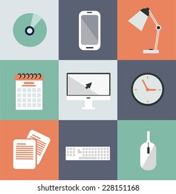 businessman, computer, phone, CD, clock, keyboard, computer mouse, calendar, documents, lamp illustration