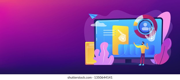 Businessman and computer recognising and interpreting human gesures as commands. Gesture recognition, gestures commands, hands-free control concept. Header or footer banner template with copy space.