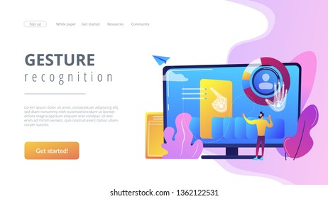 Businessman and computer recognising and interpreting human gesures as commands. Gesture recognition, gestures commands, hands-free control concept. Website vibrant violet landing web page template.