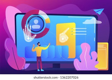 Businessman and computer recognising and interpreting human gesures as commands. Gesture recognition, gestures commands, hands-free control concept. Bright vibrant violet vector isolated illustration