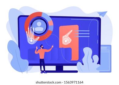 Businessman and computer recognising and interpreting human gesures as commands. Gesture recognition, gestures commands, hands-free control concept. Pinkish coral bluevector isolated illustration