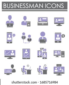 Businessman and computer related icons set on background for graphic and web design. Creative illustration concept symbol for web or mobile app.