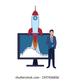 businessman and computer with rocket icon over white background, vector illustration