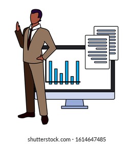 businessman with computer screen in white background vector illustration design