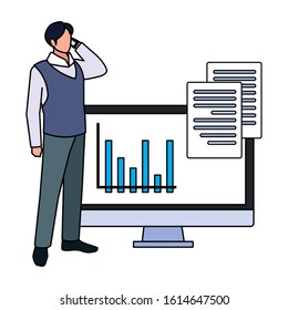 businessman with computer screen in white background vector illustration design