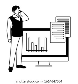 businessman with computer screen in white background vector illustration design