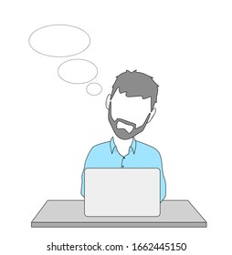businessman at the computer thinks. vector illustration.