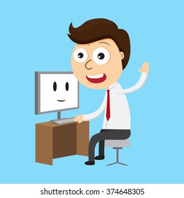 Businessman at computer - Vector illustration