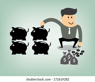 Businessman of computer web design and idea,piggy bank
