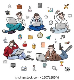 Businessman, computer work, vector elements for website, network for business