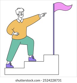 Businessman concept. Ascent to success and goal achievement. Professional growth, career ladder climbing, reaching objectives. Vector illustration.