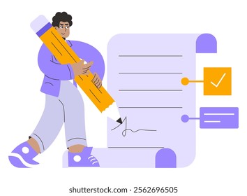 Businessman concept. Confident entrepreneur finalizing a deal with a signature, showcasing task completion and agreement. Signing document. Vector illustration.