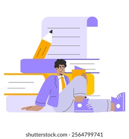 Businessman concept. A confident entrepreneur leans on oversized books, symbolizing knowledge and strategy in business. Vector illustration.