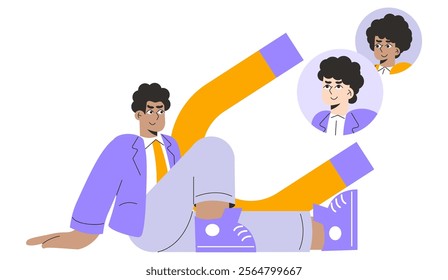 Businessman concept. Confident entrepreneur with a magnet attracting success and opportunities. Business growth, personal development, and leadership theme. Vector illustration.