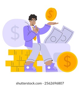 Businessman concept. A confident entrepreneur seated on stacks of coins, showcasing financial success. Wealth accumulation and investment growth theme. Vector illustration.