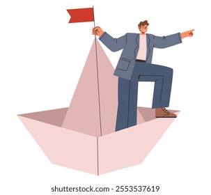 Businessman concept. Confident entrepreneur steering a paper boat with a flag, signifying leadership and innovation in business. Vector illustration.