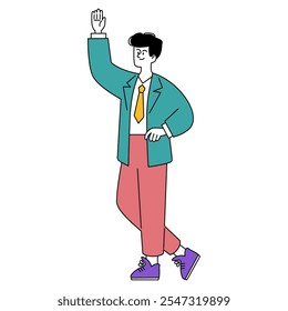 Businessman concept. Confident male character raising hand in greeting or idea presentation. Professional attire, casual stance, friendly gesture. Vector illustration.