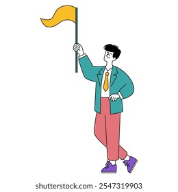 Businessman concept. Confident male entrepreneur proudly holding a flag, representing success and leadership goals achieved. Vector illustration.