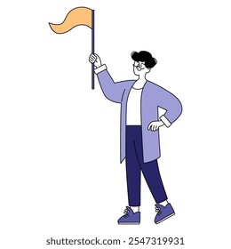 Businessman concept. Confident male figure holding a flag in triumph. Leadership, success, and goal achievement. Vector illustration.