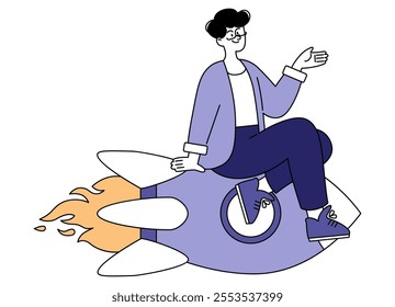 Businessman concept. Confident male professional riding a rocket, representing rapid career growth and success. Achievement and velocity in business. Vector illustration.