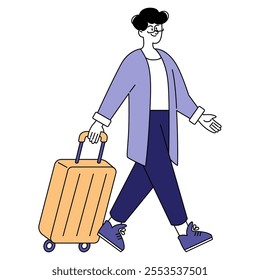 Businessman concept. A confident male professional striding forward with a suitcase, symbolizing business travel or commute. Modern style and simple design. Vector illustration.