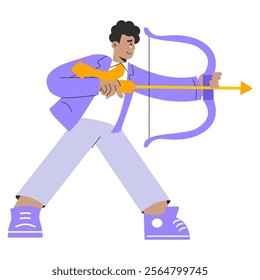 Businessman concept. A confident man in a business suit aims a bow and arrow, embodying goal setting and focus in the corporate world. Vector illustration.