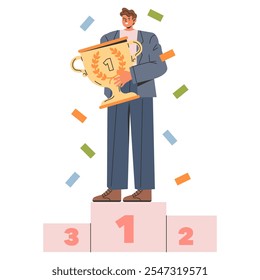 Concepto de hombre de negocios. Un hombre confiado se para en el podio del primer lugar sosteniendo un trofeo, celebrando el éxito. Logro y victoria en el crecimiento de la carrera. Ilustración vectorial.