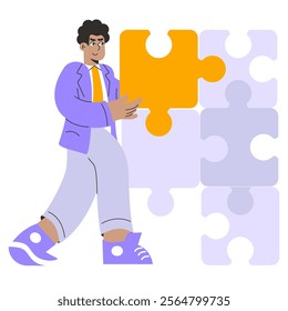 Businessman concept. A determined man fits the final puzzle piece into place. Strategy, solution, and problem-solving in business. Vector illustration.