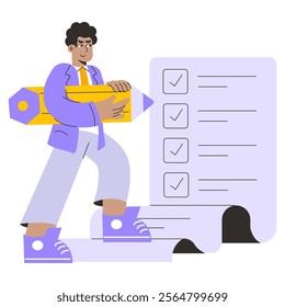 Businessman concept. A determined professional carrying a giant pencil to check off items on a large to-do list. Goal achievement with planning and efficiency. Vector illustration.